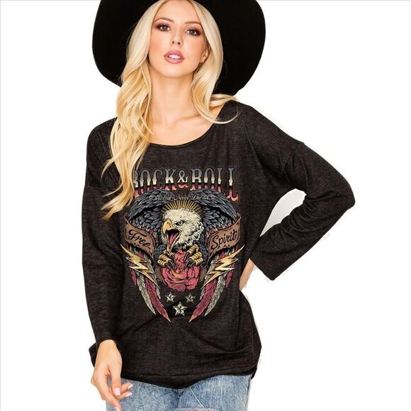 Charcoal Black Rock n Roll Eagle Long Sleeve Graphic Tee - Picture 1 of 6